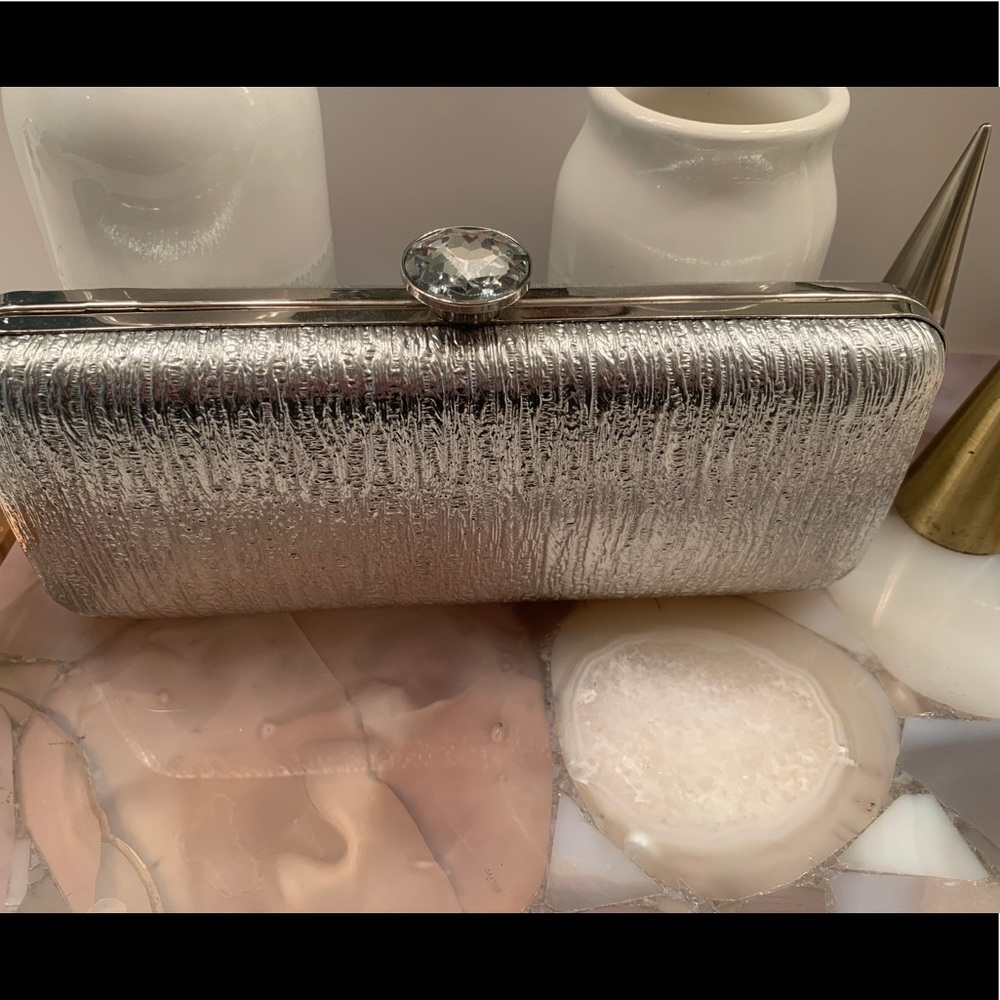 Silver Bebe evening clutch with shoulder strap